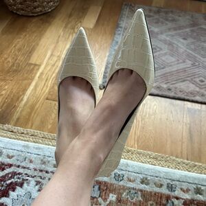 Nude Cream Beige Croc Embossed Patent Point Toe Short Kitten Heel Pumps